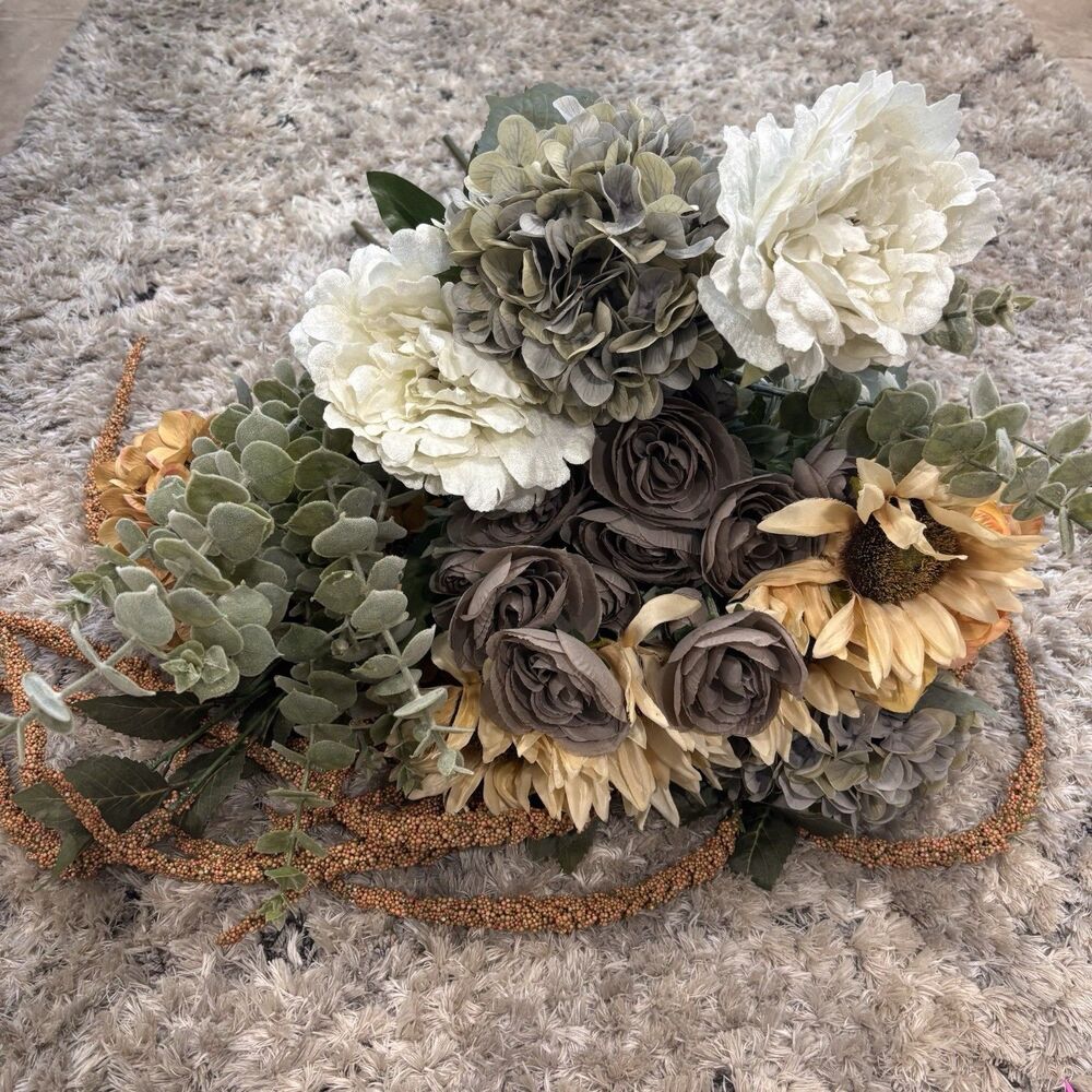 24pc Faux Floral Stem Lot Hydrangea Sunflower Eucalyptus Neutral Decor Bloom